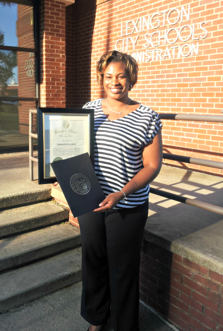 Deneesha Edwards received the N.C. Governor's Award for Volunteer Service during the Lexington City School Board of Education meeting on May 6. 